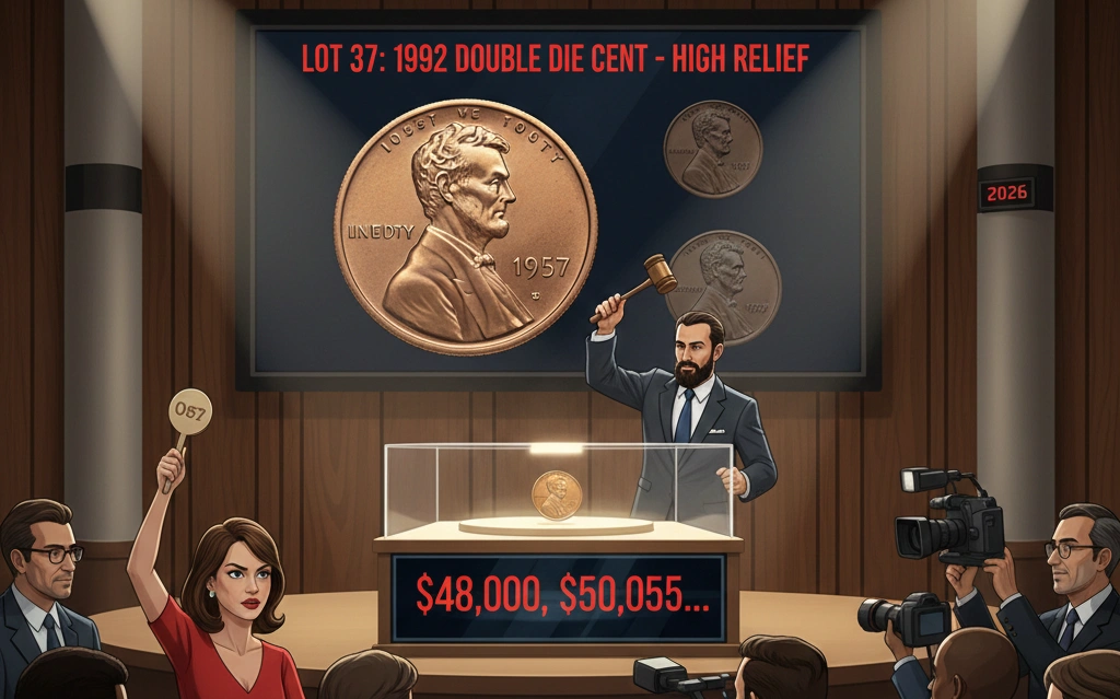 Auction room moment where a 1992 penny is up for bidding