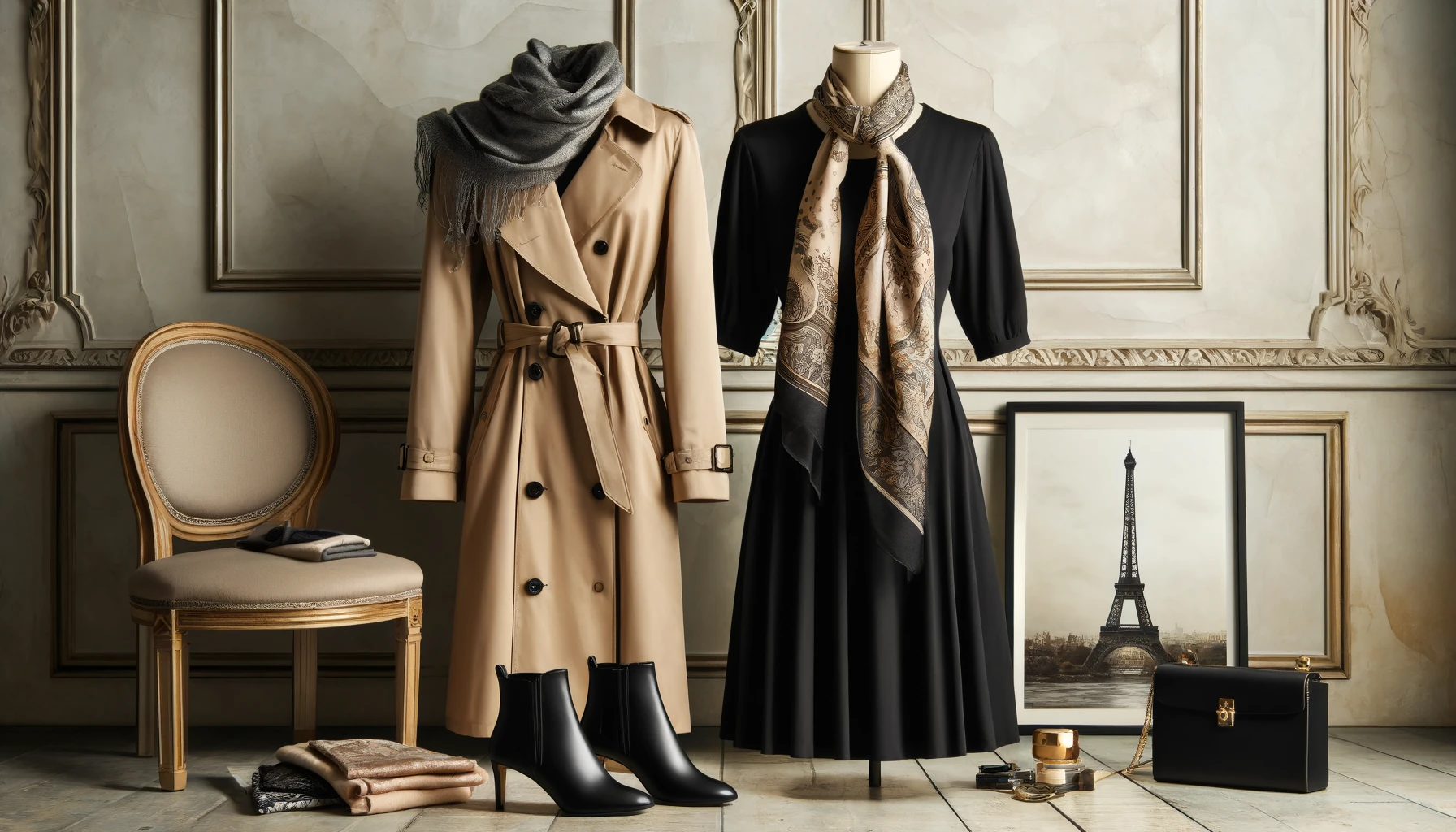 A sophisticated Parisian-style wardrobe setup featuring a classic trench coat, a little black dress, silk scarves in various patterns, and sleek ankle boots.