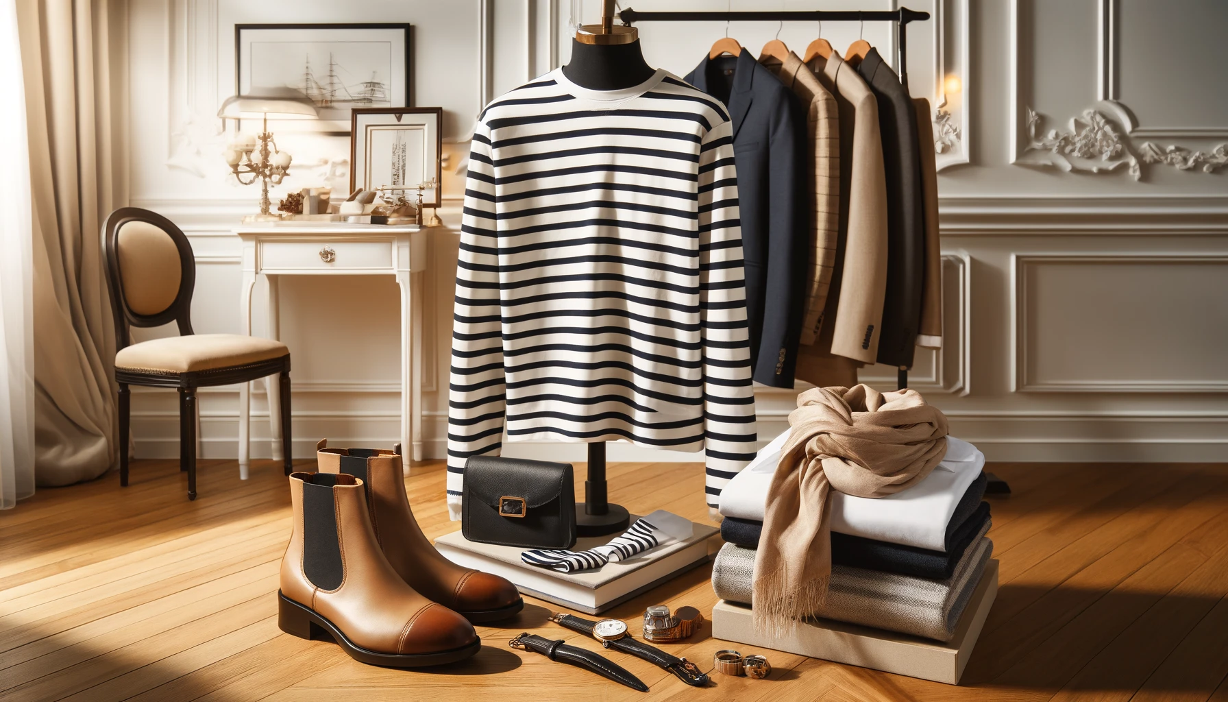 A chic Parisian-style clothing arrangement featuring a classic striped Breton shirt, elegant silk scarves, a variety of high-quality ankle boots, and accessories like watches and minimalist jewelry.