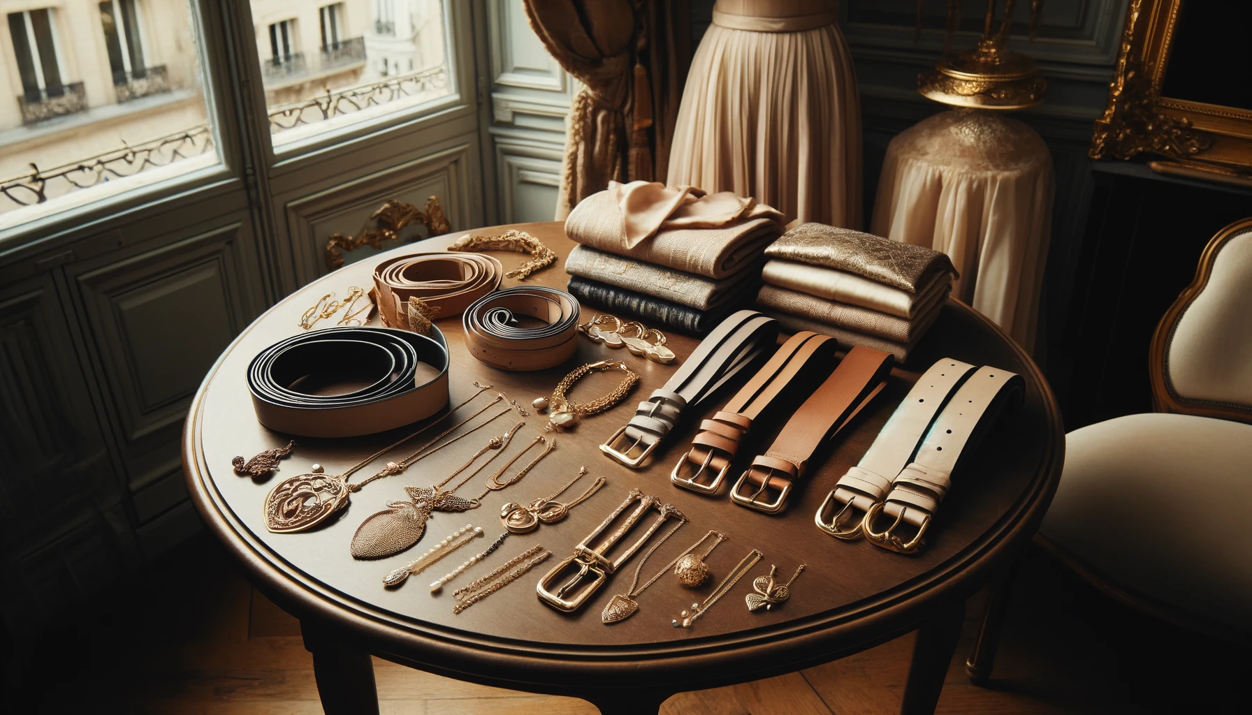 An elegant arrangement of French accessories: a collection of delicate gold jewelry including necklaces and earrings, a variety of thin leather belts in neutral tones, and several luxurious silk scarves elegantly displayed on a vintage wooden table.
