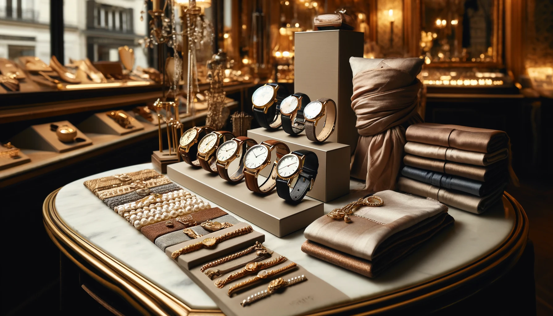 French fashion accessories on a high-end boutique counter: multiple elegant wristwatches with leather straps, assorted simple gold and pearl jewelry, and silk scarves with intricate designs folded neatly.