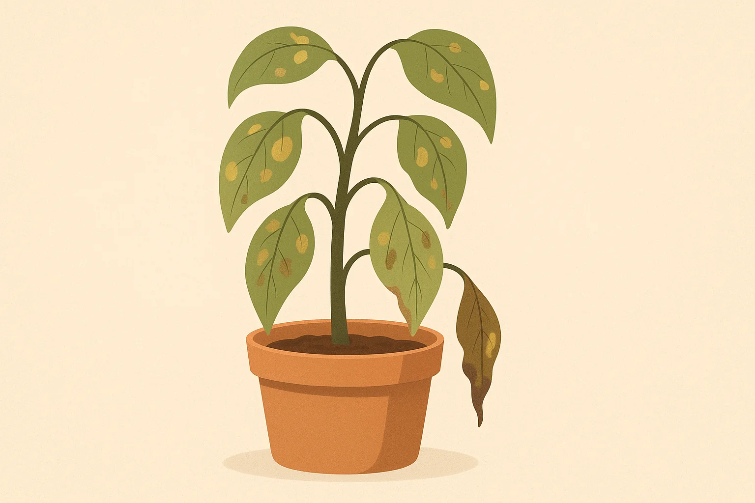 a cartoon-like picture of a potted plant with sick yellowing leaves
