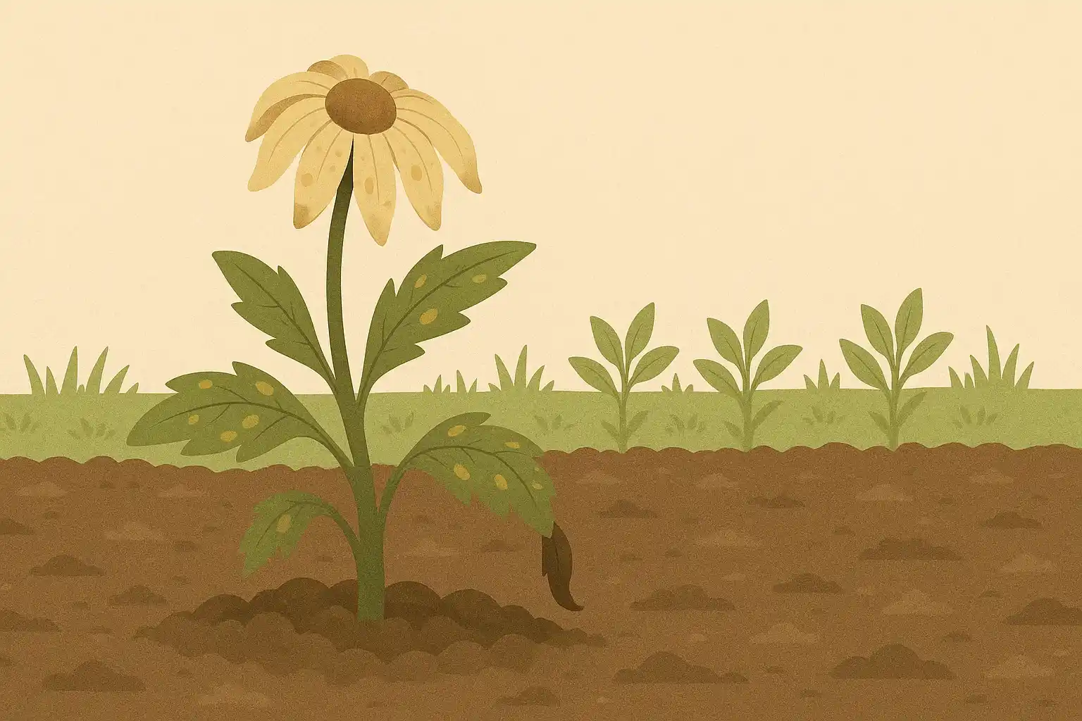 A wilted daisy-like plant with yellowing, spotted leaves grows in a garden bed, contrasting with healthy green plants in the background.