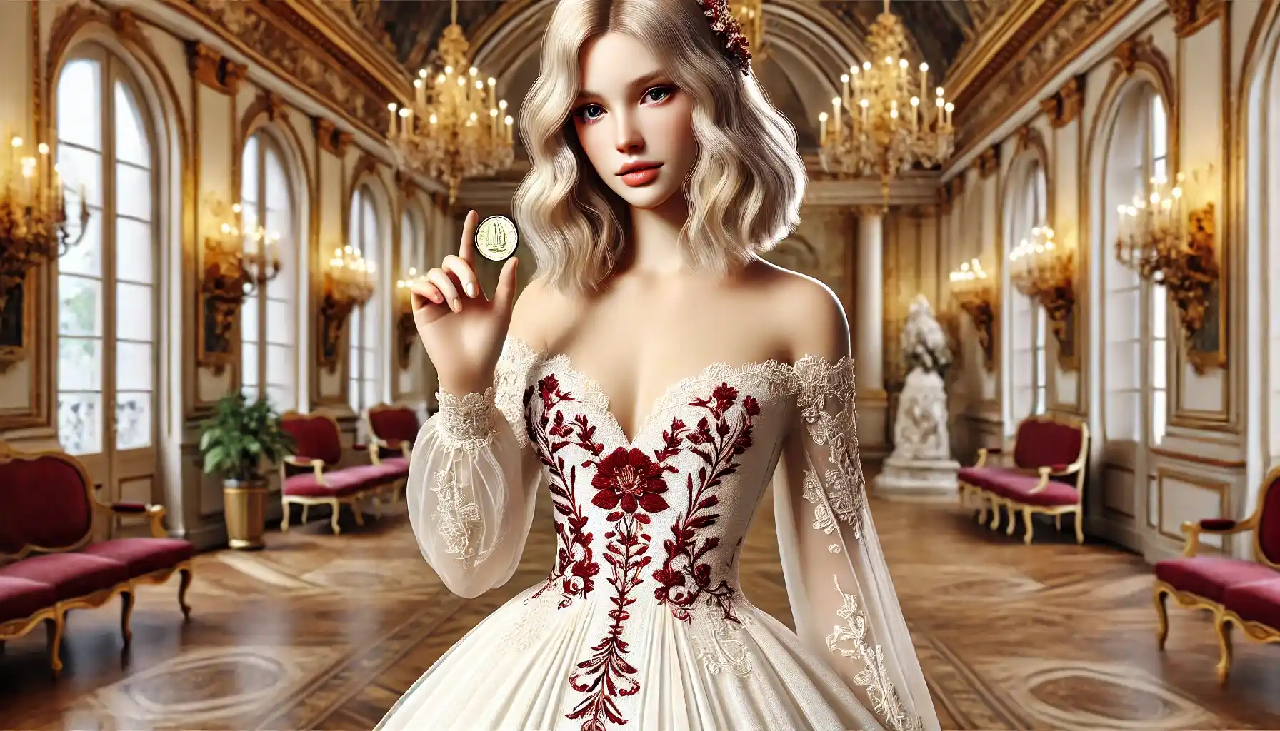 An elegant French bride is wearing a traditional yet modern wedding dress.
