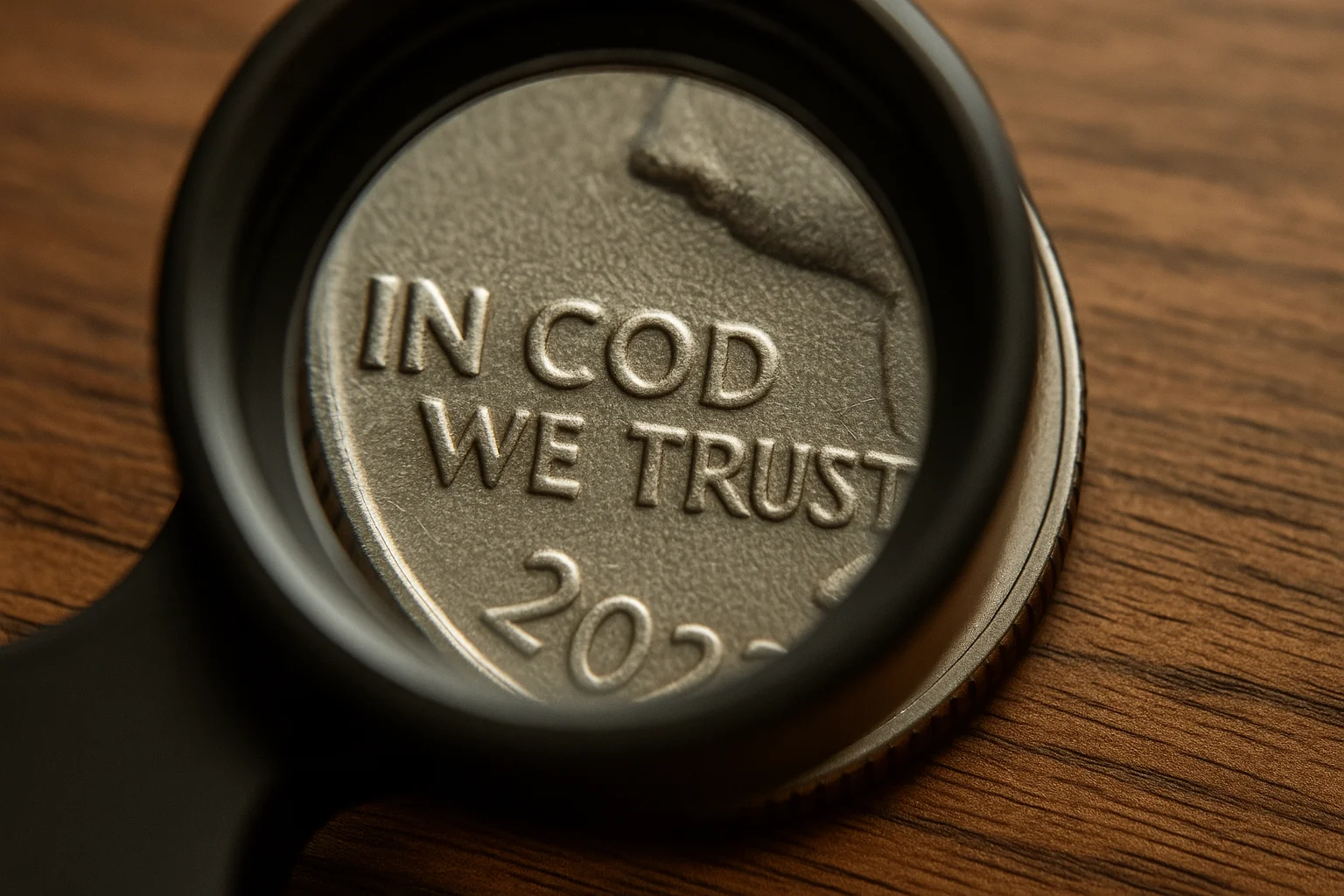 In Cod We Trust quarter under a loupe