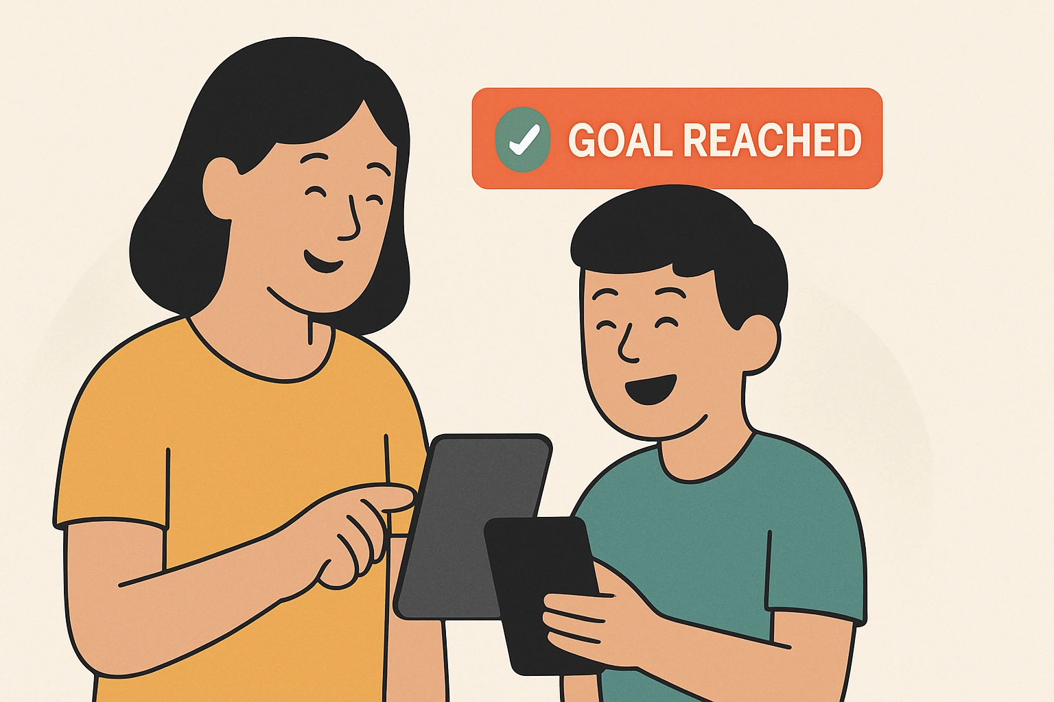 A child and a parent celebrate a screen time goal reaching.