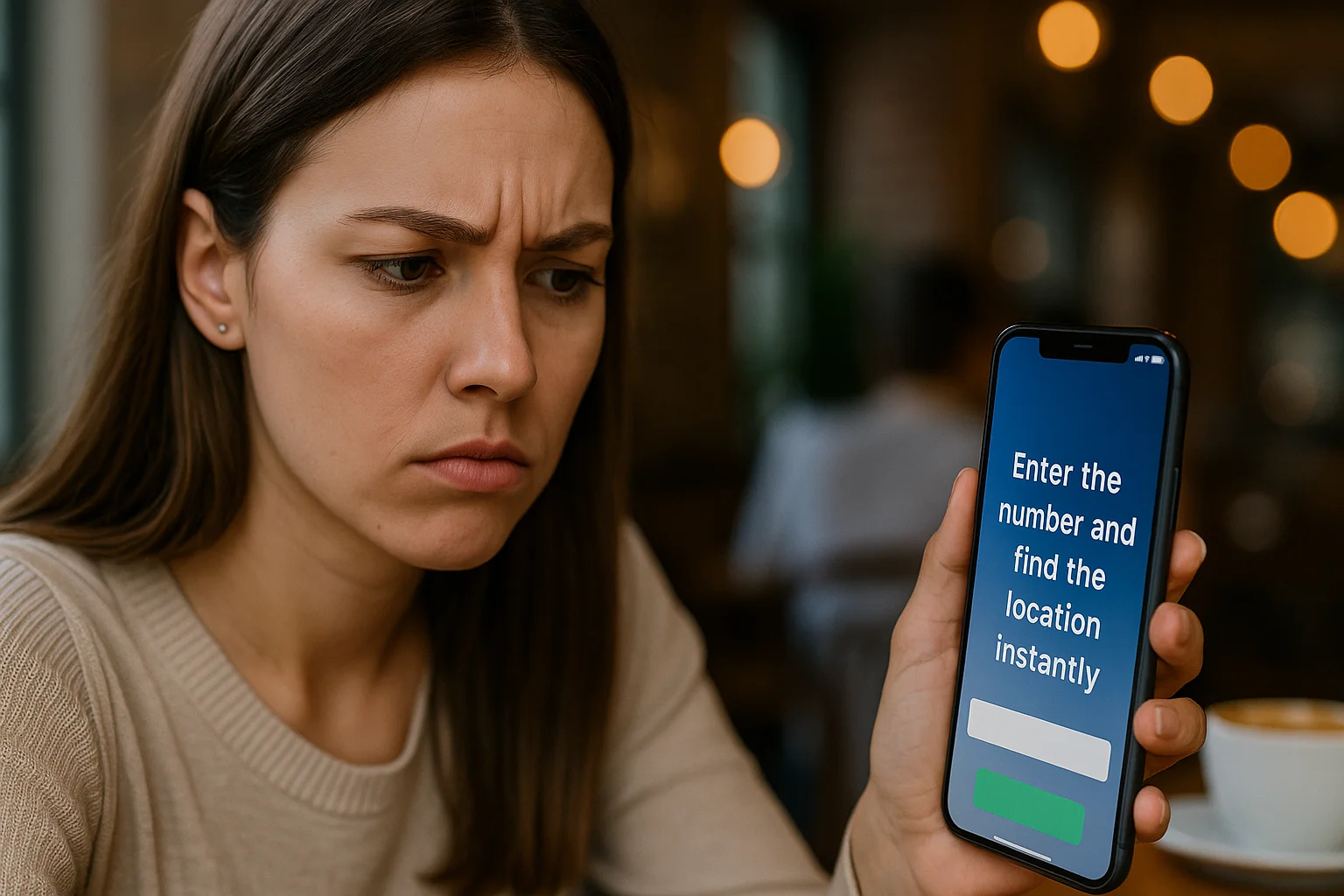 A young woman frowns in a café as she looks at a suspicious phone screen promising to track a number instantly.