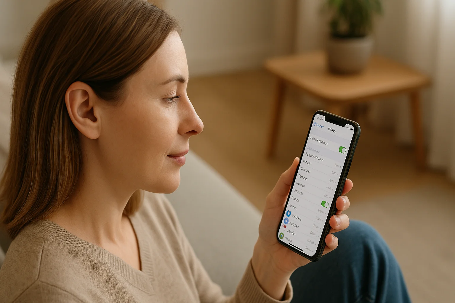 A relaxed woman at home checks her iPhone’s Privacy and Location Services settings to stay in control of her data.